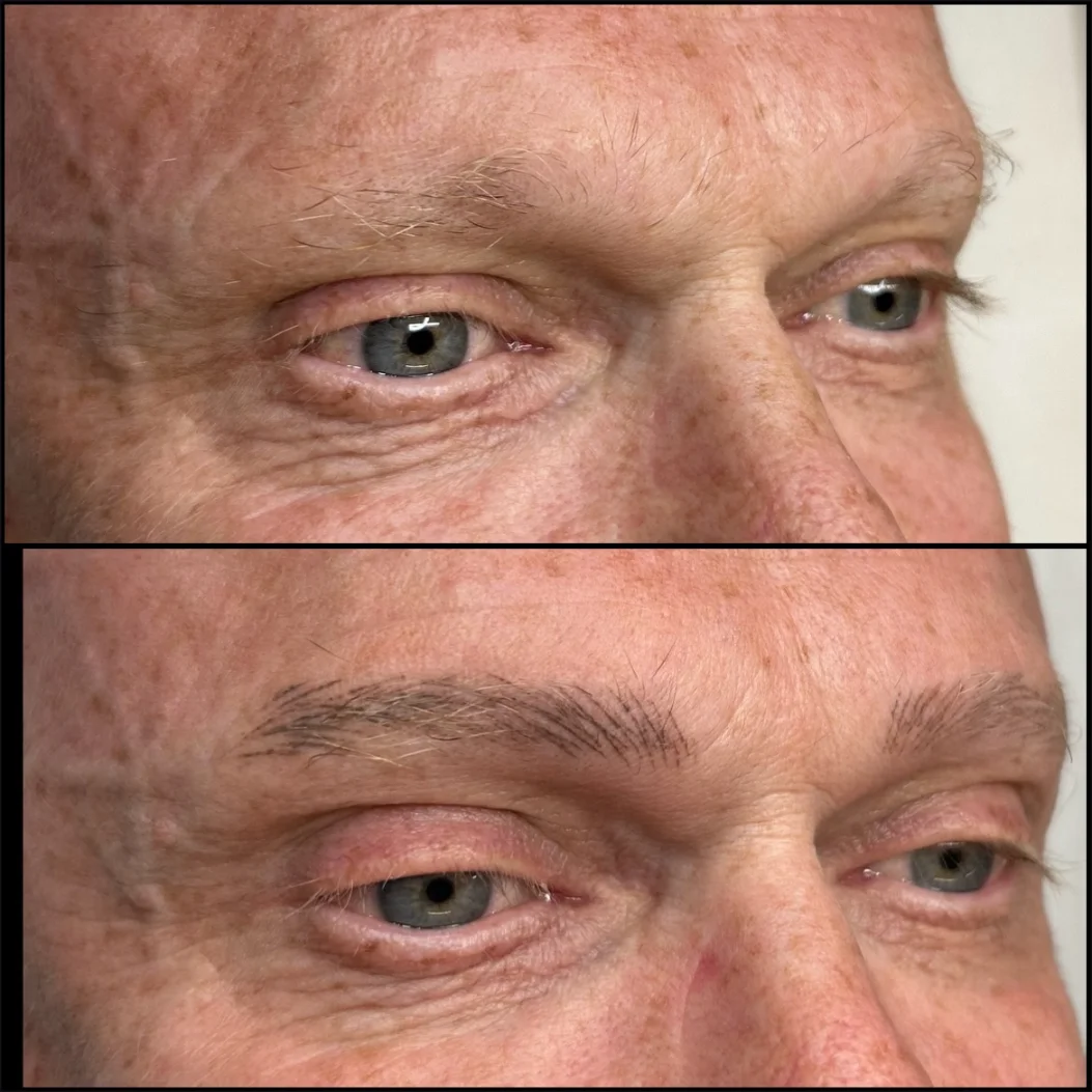 men’s microblading (machine method) balancing eyebrow asymmetry naturally serving Lancashire